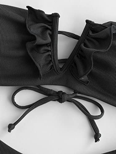 ZAFUL Women's Strapless Bandeau Bikini Top Ribbed V Wired Lace Up Ruffle Tie Swimsuits Bathing Suits Only Top3