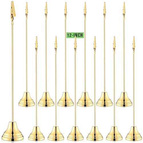 Skyygemm 12 Pcs Table Number Holders 12 Inch Place Card Holder with Alligator Clip Metal Place Card Stands Table Sign for Photos, Food Signs, Birthdays, Weddings (Gold)