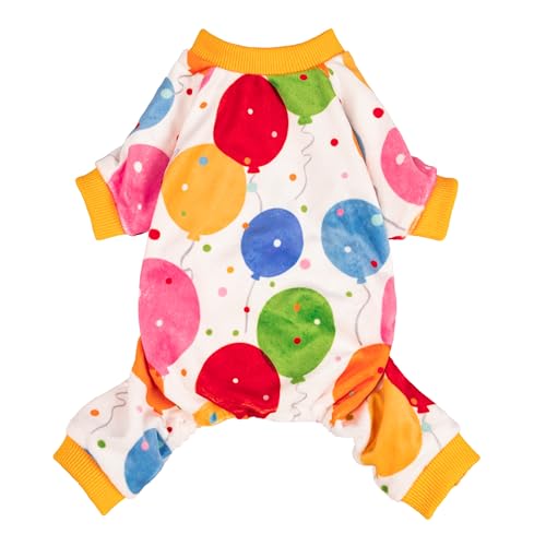 Image of Fitwarm Balloon Dog Fleece Pajamas, Birthday Outfit for Small Dogs Boy Girl, Cozy Pet Onesie with Feet, White, Yellow, Red, Blue, Green, Medium