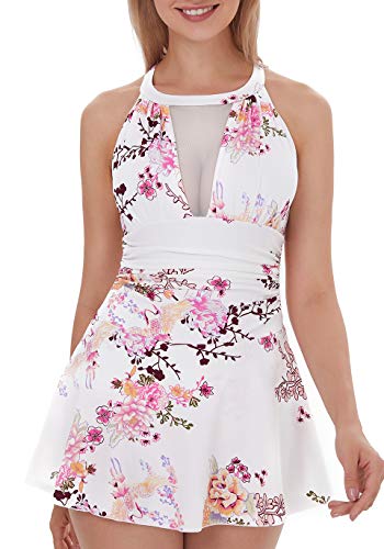 COCOPEAR Women's Elegant Crossover One Piece Swimdress Floral Skirted Swimsuit(FBA) Floral 38 M/6-8