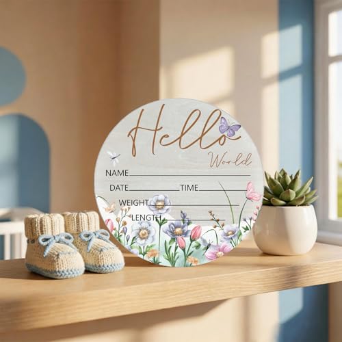Image of Birth Announcement Sign Hello World Baby Name Wood Butterfly Theme | Round Wood Plaque with Butterfly & Floral Design, Custom Name Date Weight Length Great for Nursery Wall Baby Shower Gifts