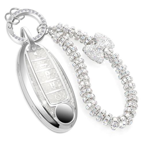 Image of Car Key Fob Cover for Nissan, Rhinestone Wristlet Case, White | Wear-resistant TPU shell, non-stretch rhinestone wristlet, daily splash, scratch and drop protection, normal signal use