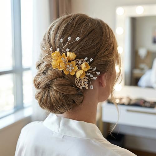 Pinzas para el cabello flores camelia 4 piezas amarillo miniatura 6