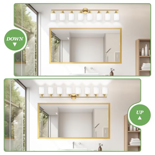 Image of 8-Light Vanity Lights, Brushed Gold Bathroom Light Fixture with Striped Textured Milky White Glass Shade, Modern Vanity Lighting Fixture for Bathroom Wall Light Over Mirror, E26 Wall Sconce