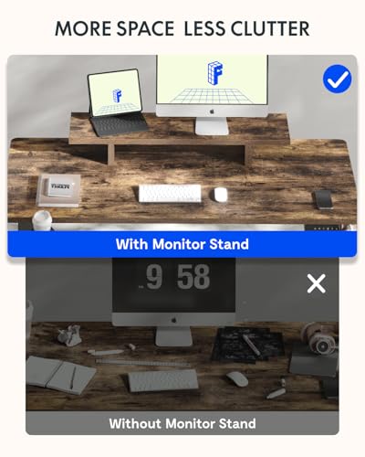 Image of FLEXISPOT EN2 Standing Desk with Monitor Stand Bundle, 48 x 24 Inches One-Piece Electric Height Adjustable Computer Desk with Cup Holder for Home Office, Rustic