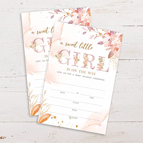Baby Shower Invitation Cards With Envelopes, Flush Pink Boho Floral Baby Gender Reveal Party Supplies, Baby Shower Decorations For Girl, Invites for Baby Showers and Parties – Pack of 25(YQK-042)