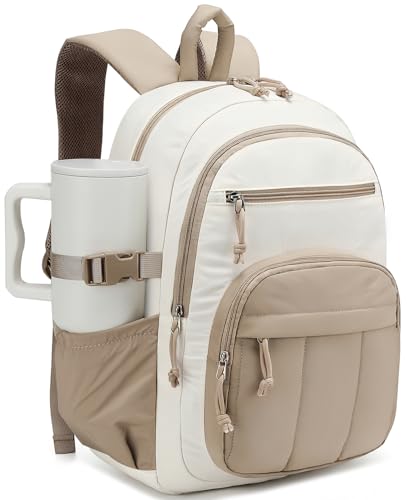 Image of Backpack for Women, Quilted Laptop Bookbag with Pouch Pockets for College Work Travel Gym Teacher Nurses, Puffer High School Backpack for Girls, Khaki Beige