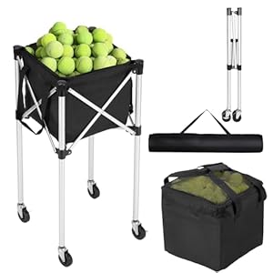 Rengue Tennis Ball Hopper, Portable Tennis Ball Basket for 150 Balls with Silent Wheels, Lightweight Aluminum Alloy Pickleball Ball Holder, Foldable Tennis Ball Cart for Practice, Training