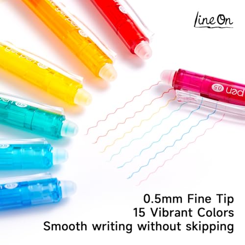 Image of Lineon Erasable Gel Pens, 15 Colors Retractable 0.5mm Fine Point Erasable Pens Clicker for Back to School, Assorted Color Inks, Make Mistakes Disappear for Drawing Writing Planner & Crossword Puzzles