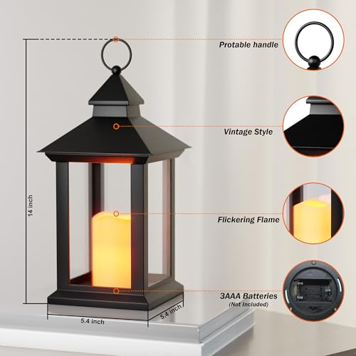 Image of 14 inch Lanterns Decorative Indoor, Black Lantern Decor with Timer Flameless Candle, Vintage Farmhouse Outdoor Lanterns, Waterproof Hanging Lantern for Patio, Porch, Entryway, Centerpieces