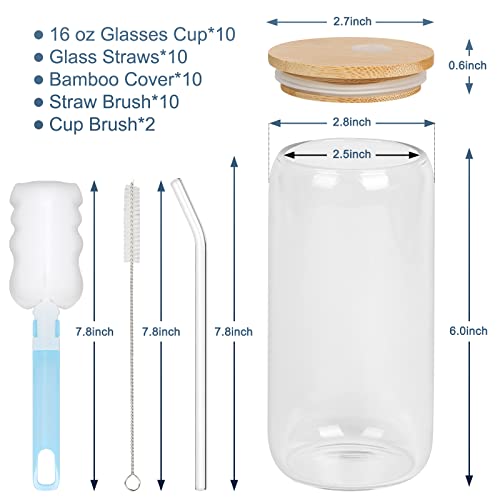 image for Acesvuit Drinking Glasses with Bamboo Lids and Glass Straw, 16 Oz Can 