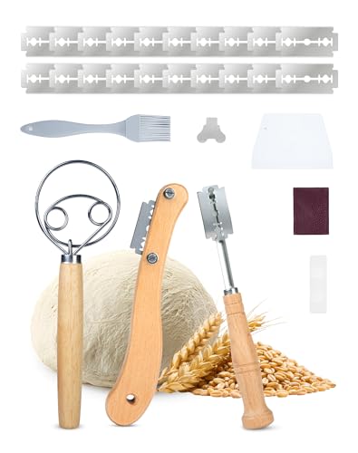 5Stk Bäckermesser Set mit 2 Brot Einschneidemesser inkl.20 Ersatzklingen Teigschaber Dänischer Schneebesen Backpinsel Teigmesser Geeignet für Gerade & Geschwungene Schnitte auf Baguette oder Brötchen