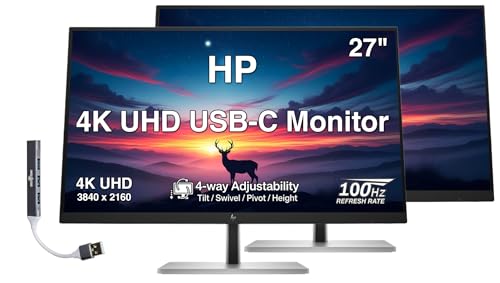 Image of HP 27 inch 4K UHD IPS USB-C Monitor with 5ms Response Time, Anti Glare, 350 nits Brightness, Flicker Free, VESA Mount (100mm), Displayport, HDMI & Dockztorm USB Port Expander, Black /Silver Color 2 Pack