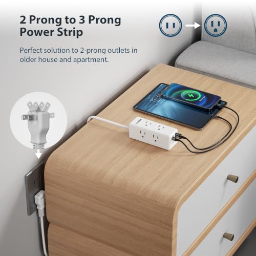 2 Prong Power Strip, TOPREK 2 Prong to 3 Prong Outlet Adapter, 1440J 2 Prong Surge Protector with 6 Outlets & 3 USB, 5FT 2 Prong Extension Cord with Swiveling Flat Plug, Ideal for Non-Grounded Outlet - image 2