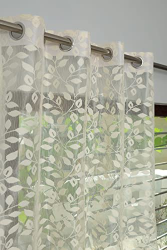 Image of Leaves Design Semi Transparent Window Curtain 5 feet Long Set of 2 pcs Drawing Room Parde | Pooja Room Curtain Panel | Sheer Curtain, Cream Color