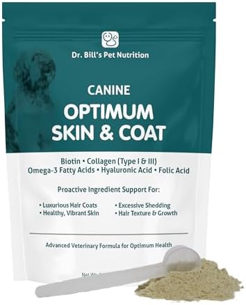 Dr. Bill’s Canine Optimum Skin & Coat (340g) – Fish Oil Omega-3 Fatty Acids Dog Supplement with Biotin, Type I & III Marine Collagen, Hyaluronic Acid & Folic Acid
