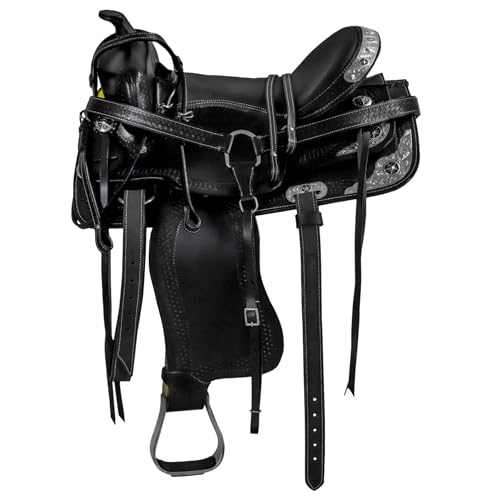 Barrel Brown Western Horse Trail Saddle Set Leather Horse Saddle with Headstall Breast Collar Combo Rodeo Cowboy Riding Equestrian Comfortable Ride Black Saddle Tack Set (Black 16 Inch)