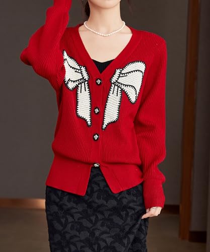 LAI MENG FIVE CATS Women's V-Neck Sweaters Long Sleeve Button Knit Tops Casual Blouse3