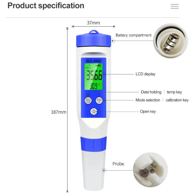 Technical diagram of the VIHELM BLE-9909 PH Meter, indicating dimensions (187mm length, 37mm width) and labeling key components like the LCD display, battery compartment, buttons, and probe.