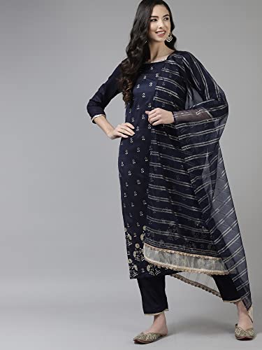 Image of INDO ERA Women Pure Cotton Navy Blue Kurta Set