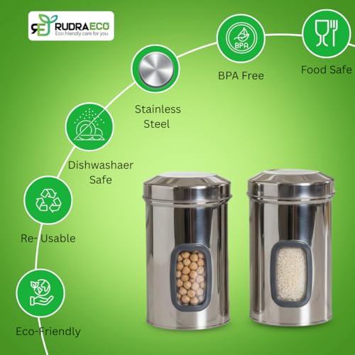 Image of Airtight Stainless Steel Storage Containers Set of 2 | 1750ml Steel Kitchen Canisters with See-Through Window | Food Grade Multipurpose Capsule Jars for Rice, Dal, Grains & Snacks