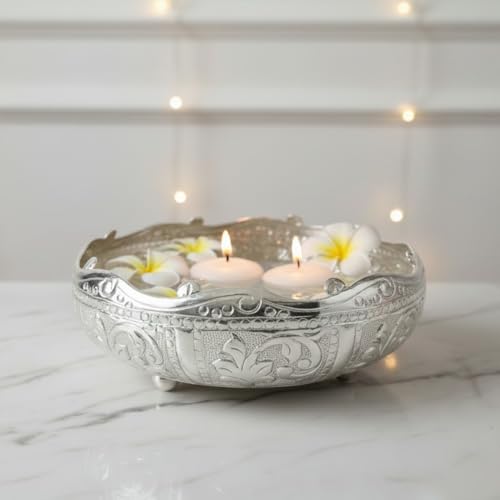 Image of Decorative Embossed Urli German Silver Bowl | Aluminium Urli Pot for Floating Flowers and Tea Light Candles Home Office Diwali Decoration Items Medium 10inch