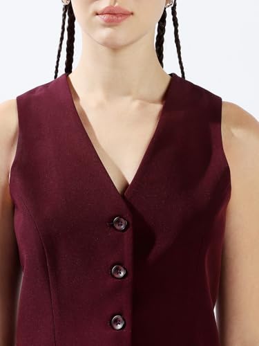 Image of High Star Women Solid Regular length Tailored Fit V neck Sleeveless Waistcoat and Wide leg Trouser Co-ord Set