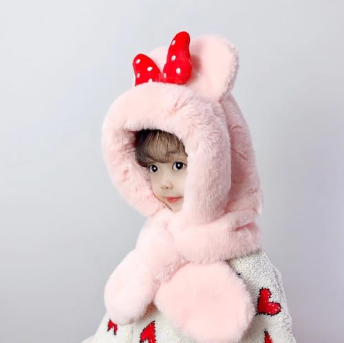 JZ 2 in 1 Kids Faux Fur Hooded Scarf Set Girls,Winter Bow Hat for Girl,Warm Plush Thermal Trapper Hat Earflaps4