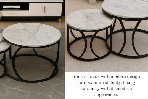 Image of CROWN ART SHOPPEE Round End Table Set of Two Coffee Tables with Engineered Wood Top and Metal Frame, Contemporary Accent Side Table for Office, Bedroom, or Living Room Black White