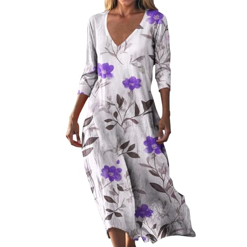 Vestido Largo Mujer Boho Chic de Lino y Algodón, Cuello en V Manga Larga, Vestido Maxi Estampado Floral con Bolsillos, Casual Elegante para Fiesta Playa y Diario, Tallas Grandes, Suave y Holgado