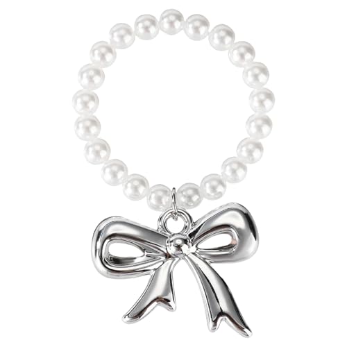 Doll Necklace Charm, White Pearl Necklace for 17cm Plush Doll with Bow-Knot Pendant Elegant Pearl Chain Jewelry for Toy Sweetheart Gift (Doll not Included)