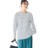 [ニッセン] 大きいサイズ 長袖ボートネックリップルボーダーゆるカットソートップス オフホワイト×ネイビー 5L