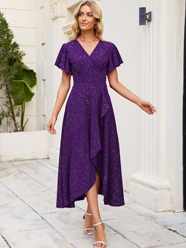 Image of Long Black Formal Dresses for Women Gowns Evening Party Cocktail Dress,Split Elegant V Neck Wrap Ruffle Wedding Guest Dresses