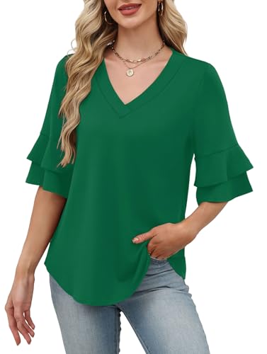 Image of OFEEFAN Spring Tops for Women Boho Shirts Fashion Clothing Cute 3 /4 Length Sleeve Blouses Dressy Casual Summer Outfits