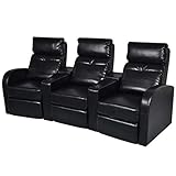 vidaXL Black Artificial Leather 3-Seat Home Theater Recliner Sofa Lounge w/Cup Holder