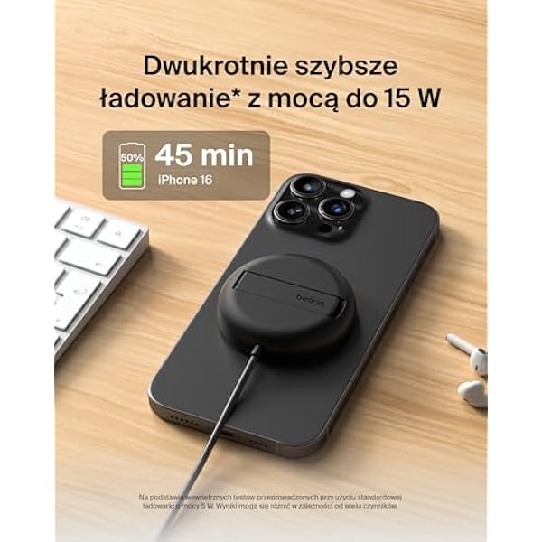 Belkin магнитная беспроводная зарядная панель 15 Вт с подставкой - MagSafe совместимое Qi2 зарядное устройство для iPhone 16 серии Samsung Galaxy S25 серии AirPods и других без адаптера питания - черный