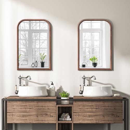 Image of 20 inchx30 inch Arch Wall Mirror for Wall, Wall Mounted Vanity Mirror for Bedroom, Wood Grain Finish Frame Mirror with Tempered Glass, Vintage Decorative for Bathroom, Entryway, Living Room, Walnut