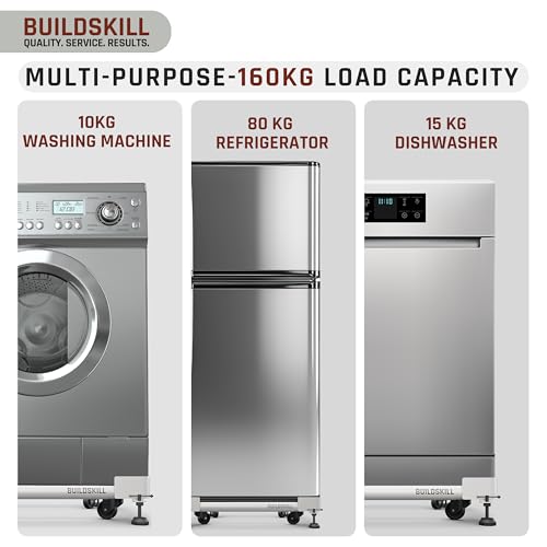 Image of Buildskill Washing Machine Stand /Trolley, Fridge Stand, Dishwasher Stand, Top & Front Load Washing Machine Stand, Supports upto 160KG, Reduces Vibration, Adjustable Mechanism with Locks (White)