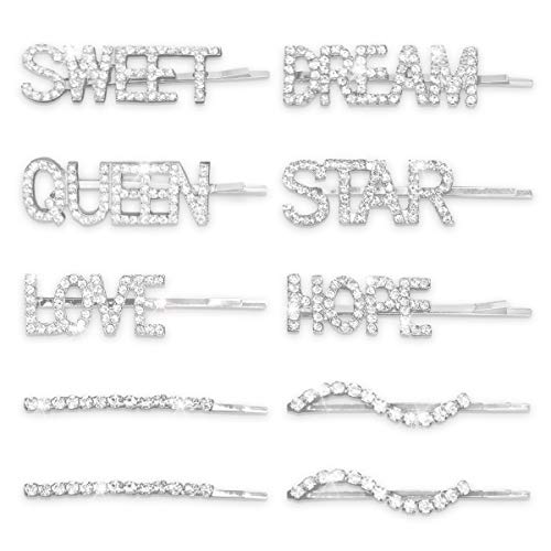 MITAOSLIM 10 Pieces Letter Hair Clip, Bling Rhinestone Letter Bobby Pins, Word Barrettes Crystal Hair Pins, Metal Hair Clips, Silver Color Sparkly Hair Accessories for Women Girls