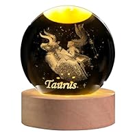 QIANCHANG 3D Laser Etched Taurus Crystal Ball with LED Light Stand, Constellation Decor Glass Sphere Lamp, Zodiac Astrology Birthday Gifts for Women Kids