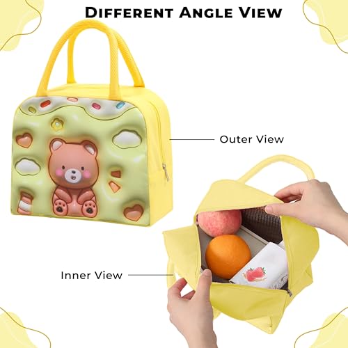 Image of Kraptick Compact & Stylish Design Printed Tiffin Bag for Children Insulated Lunch Bag for Kids Perfect Leakproof Keeps Hot and Cold Lunch Bag for School (Yellow Brown Bear)