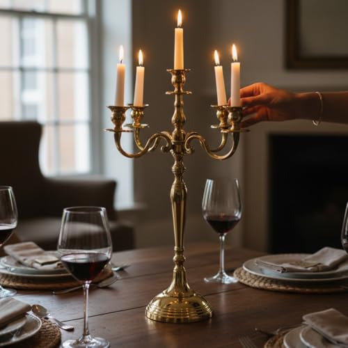 Image of Decorative Aluminum Gold Plated Five Arm Candle Holder Stand | Candelabra | Candlesticks Holder for Home & Hall Decore (14 inch * 14 inch * 24 inch)(Size:Large)