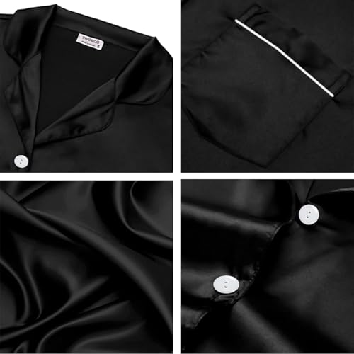 Image of SWOMOG Silk Satin Pajama Set for Men Short Sleeve Sleepwear Button Down Pj Set Classic Loungewear Black, Medium