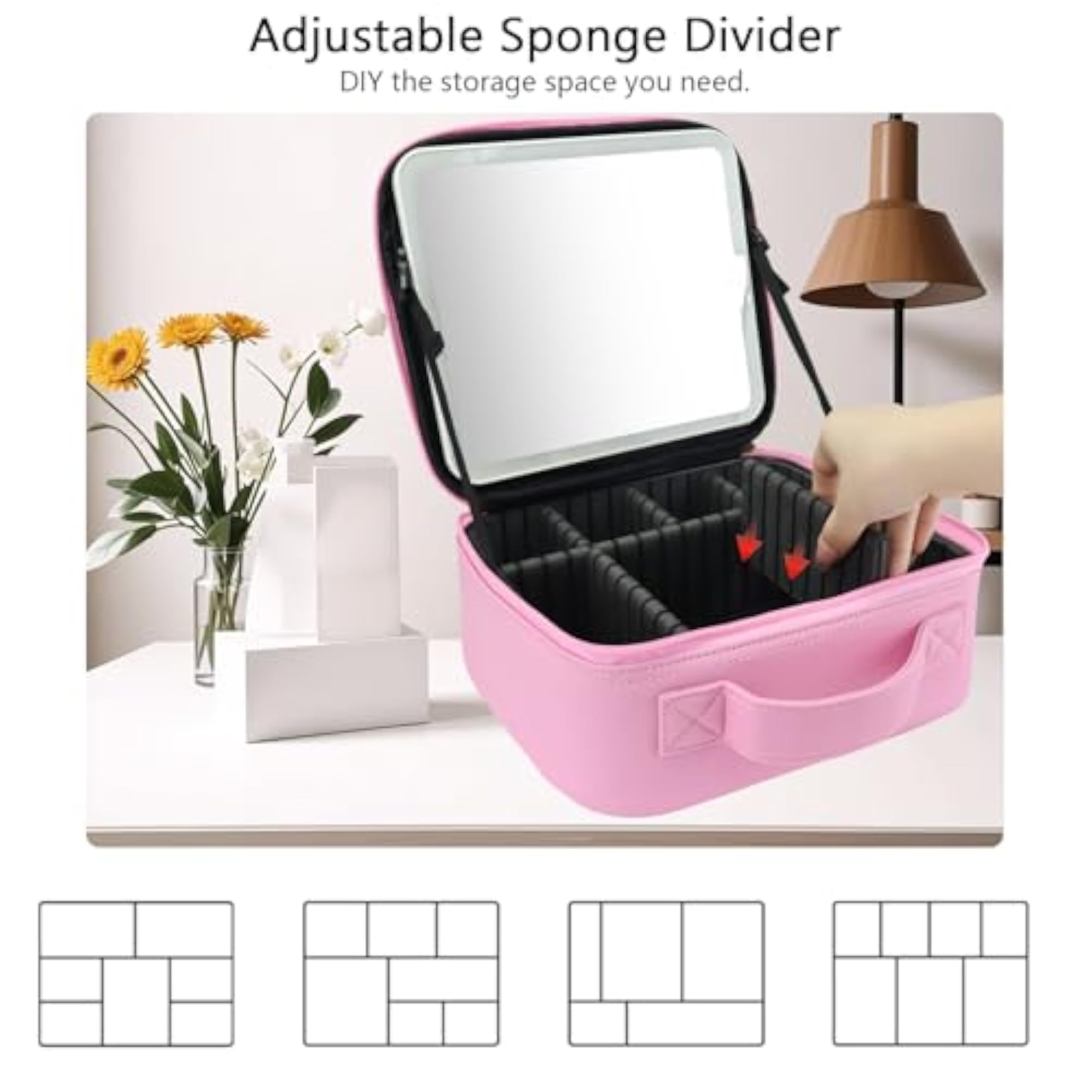 LED Mirror Travel Makeup Organizer with Adjustable Dividers