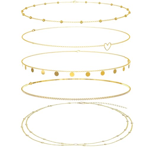 5 PCs Bauchkette, Einfache Ketten (95 cm) Und Doppelte Kette (90 cm), Belly Chain Gold Set Mit 5 Teilen, Waist Chain Für Sommeroutfits Und Modische Looks, Gold