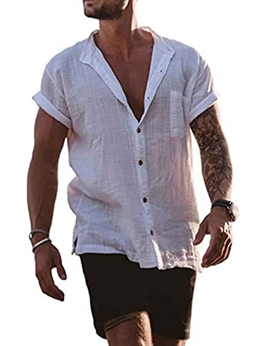 CheChury Camisa de Lino Manga Corta para Hombre Camisas Informales de Verano Camisa Suelta de Ocio de Color Sólido con Botónes Top con Bolsillo Top Camisa de Verano Camisa Hawaiana Estilo Casual