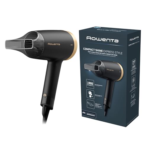 Rowenta Express Style   Secador de pelo para viaje de 1600W, función Eco, tecnología avanzada, reduce encrespamiento, 220 240V, golpe de aire frío, incluye concentrador, negro y dorado, CV1811