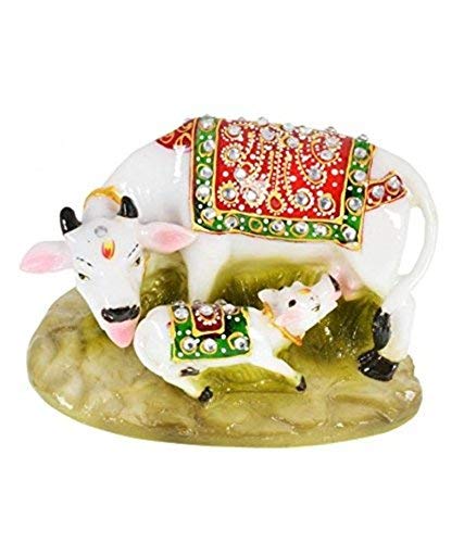 Handcrafted Stones Studded Marble made Kamdhenu Cow with Calf