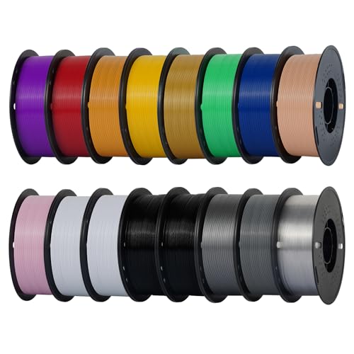 Image of Kingroon PETG 3D Printer Filament, 16 Rolls, Dimensional Accuracy + /- 0.03 mm, 16kg Spool(35.2lbs), 1.75 mm, 2Black 2White Grey Red Blue Green Orange Silver Transparent Yellow Purple Skin Gold Pink