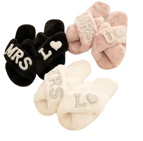 Personalized Initial Wedding Bride Slippers MRS Pearl Letter Bridal Shower Gifts for Wedding Day (Black S)